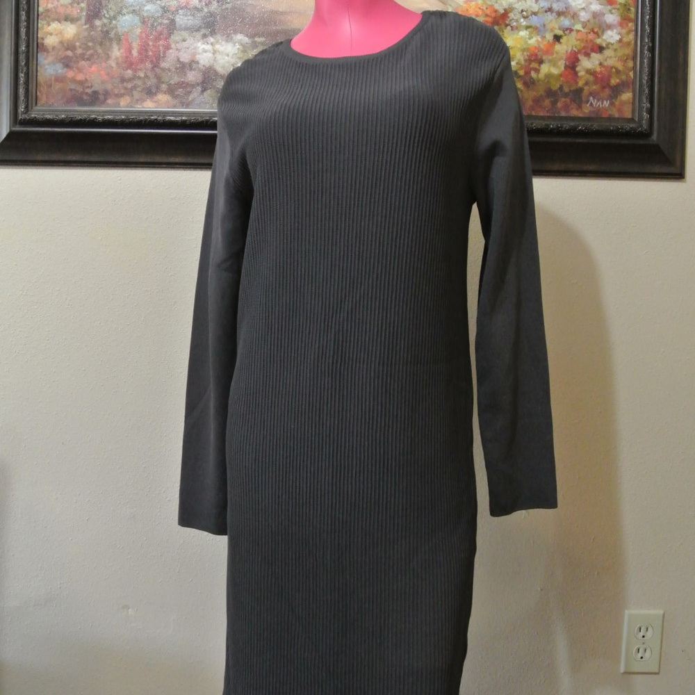 Carmen Marc Valvo Long Sleeve Dress LARGE Stretch Ribbed Midi Comfortable Gray